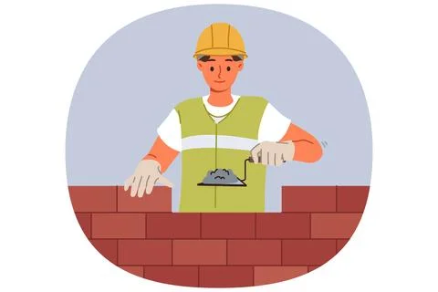 Man bricklayer builder builds brick wall using trowel with concrete mixture to Stock Illustration