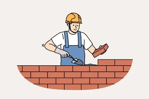 Man bricklayer builds brick wall by spreading concrete mortar to create strong Stock Illustration