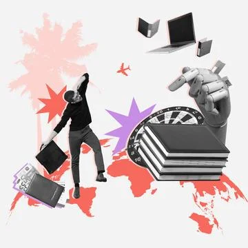 Man with briefcase, colored abstract elements, books, dartboard walking on globe Stockfoto's