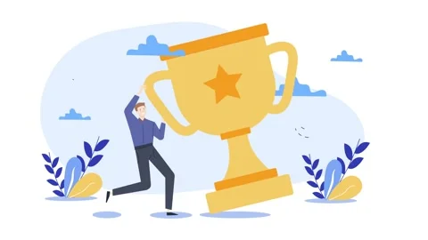 A man bring huge trophy isolated on white background business animated Video stock 282332074