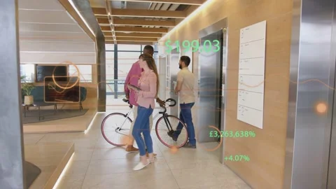 Man bringing bike into elevator as doors opening, woman with tablet, money 库存影片 333368534