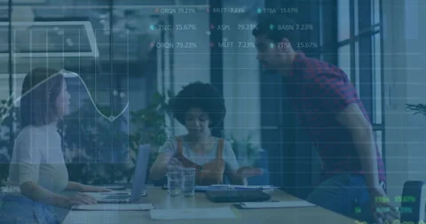 Man bringing folder and initiating financial overlay while colleagues comparing Stock Footage 310317190