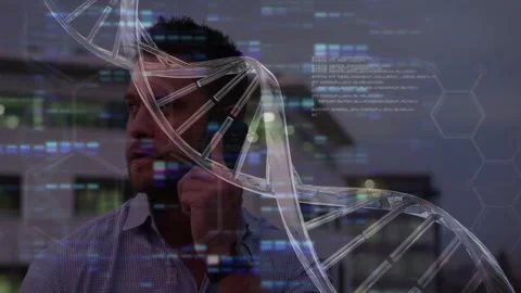 Man bringing phone to ear on rooftop to discuss biotech data, DNA helix rotating Stock Footage 332981416