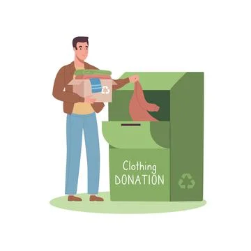 Man bringing second hand garment and puts into a donation container. A system Stock Illustration