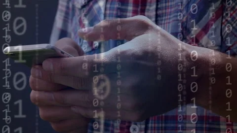 Man bringing smartphone in view and tapping, overlaying binary code, user nodes Stock Footage 335316572