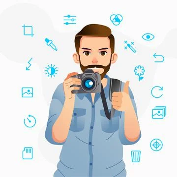 A man brings a camera and thumbs up with various line art icon around him, ve Stock Illustration