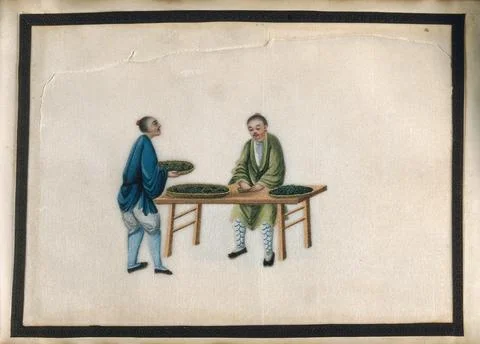 A man brings tea samples to an overseer (?) seated at a table. Gouache by a.. Stock Illustration