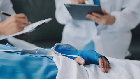 Man with broken arm in cast lying on bed in hospital. The emergency center .. Stock Footage 237356784