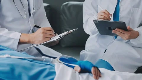 Man with broken arm in cast lying on bed in hospital. The emergency center .. Stock Footage 237356786