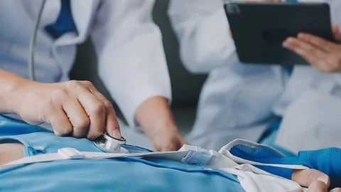 Man with broken arm in cast lying on bed in hospital. The emergency center .. Stock Footage 237356788