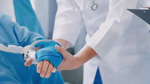 Man with broken arm in cast lying on bed in hospital. The emergency center .. Stock Footage 237356802