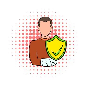 Man with broken arm with shield icon, comics style Stock Illustration