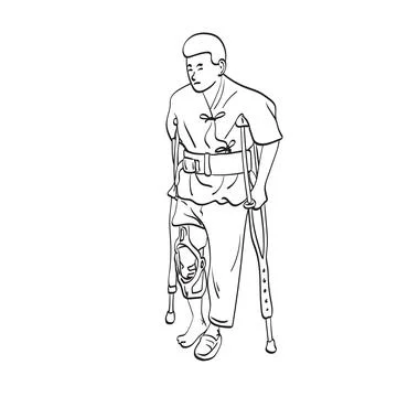 Man with broken leg using crutches for walking illustration vector hand drawn Stock Illustration