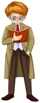 Man in brown overcoat reading book Stock Illustration