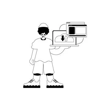 The Man with the browser that synchronizes the datum . Cloud storehouse typ.. Stock Illustration