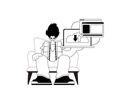 The Man with the browser that synchronizes the datum . Cloud storehouse typ.. Stock Illustration