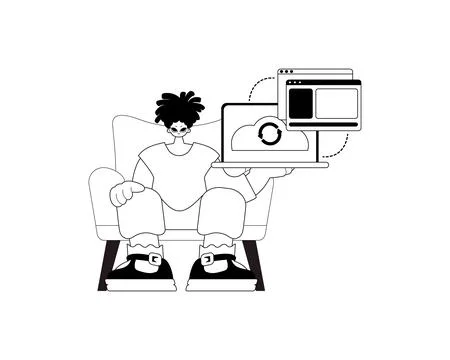 The Man with the browser that synchronizes the datum . Cloud storehouse typ.. Stock Illustration