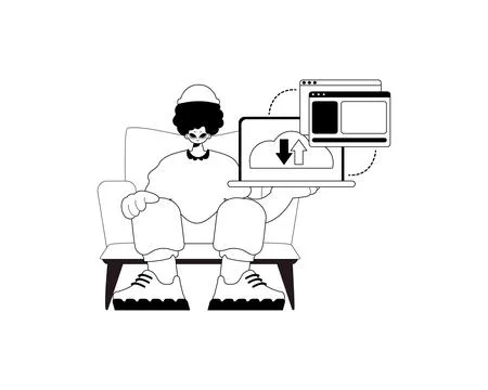 The Man with the browser that synchronizes the datum . Cloud storehouse typ.. Stock Illustration