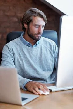Man, browsing and remote work in home office with computer, insurance claim Stock Photos