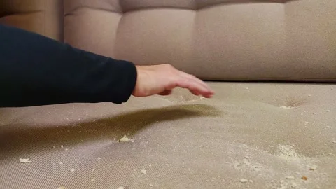 A man brushes bread crumbs off a sofa Stock-Footage 321882292