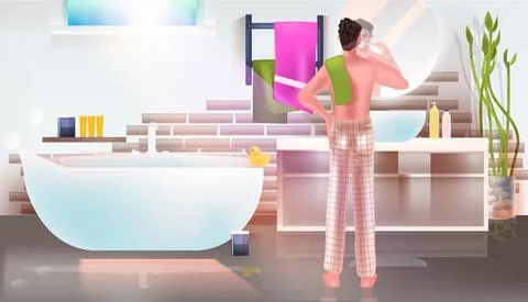Man brushing teeth in bathroom full length Stock Illustration