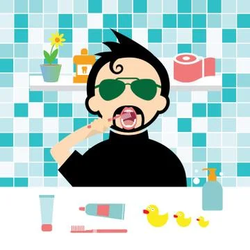 Man brushing teeth before bedtime Stock Illustration