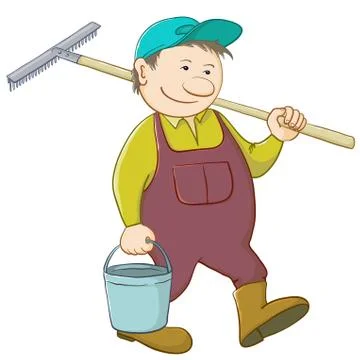 Man with bucket and rake Stock Illustration