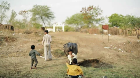 Man with buffalo and dancing happy kids, India, shallow DOF Vidéo 50554347