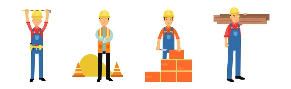 Man Builder and Construction Worker in Hard Hat and Overall Working at Site Stock Illustration