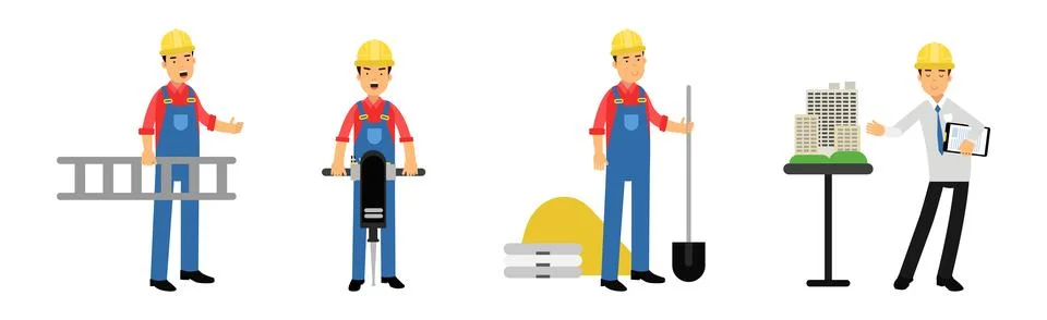 Man Builder and Construction Worker in Hard Hat and Overall Working at Site Stock Illustration