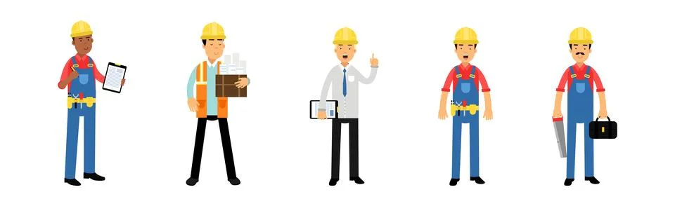 Man Builder and Construction Worker in Hard Hat and Overall Working at Site Stock Illustration