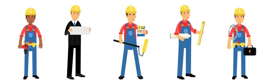 Man Builder and Construction Worker in Hard Hat and Overall Working at Site Stock Illustration