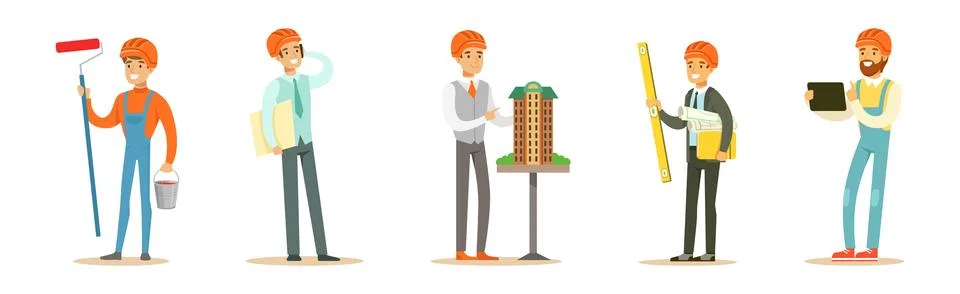 Man Builder and Engineer Character in Hard Hat Vector Set Stock Illustration
