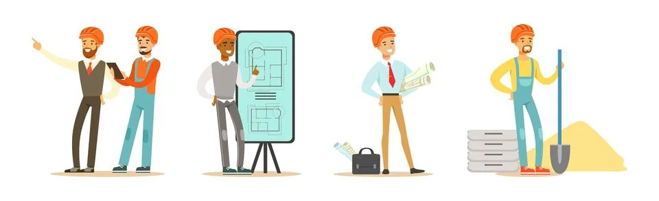 Man Builder and Engineer Character in Hard Hat Vector Set Stock Illustration