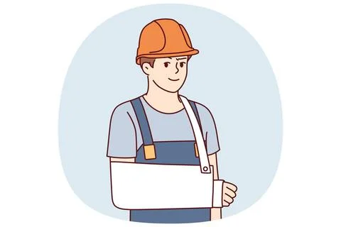 Man builder with broken arm after accident at workplace for employees insu... Stock Photos