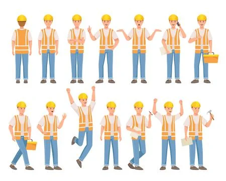 Man Builder Character in Hard Hat and Warnvest in Different Pose and Gesture Stock Illustration