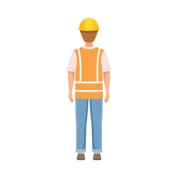Man Builder Character in Hard Hat and Warnvest in Standing Pose Back View Vector Stock Illustration