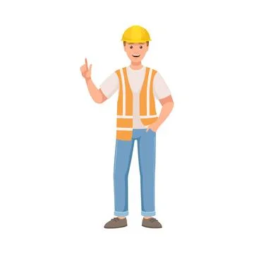 Man Builder Character in Hard Hat and Warnvest Standing and Indicating Finger Stock Illustration
