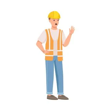 Man Builder Character in Hard Hat and Warnvest in Standing Pose Showing Stop Stock Illustration