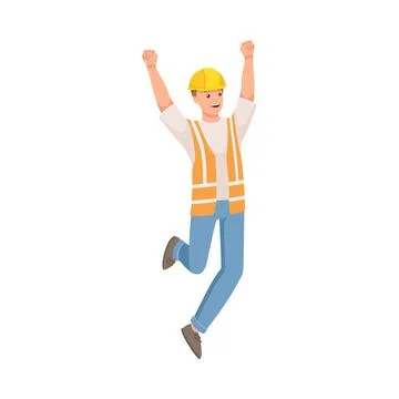 Man Builder Character in Hard Hat and Warnvest Jumping with Joy Vector Stock Illustration