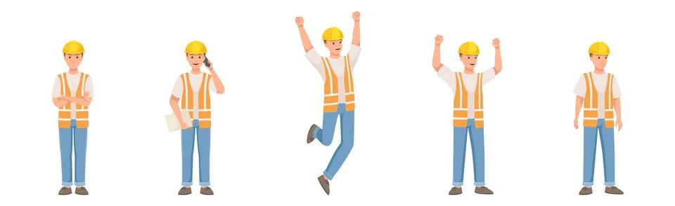 Man Builder Character in Hard Hat and Vest in Different Pose and Gesture Vector Stock Illustration