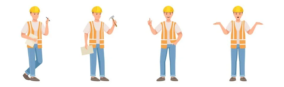 Man Builder Character in Hard Hat and Vest in Different Pose and Gesture Vector Stock Illustration