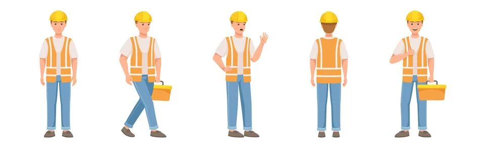 Man Builder Character in Hard Hat and Vest in Different Pose and Gesture Vector Stock Illustration