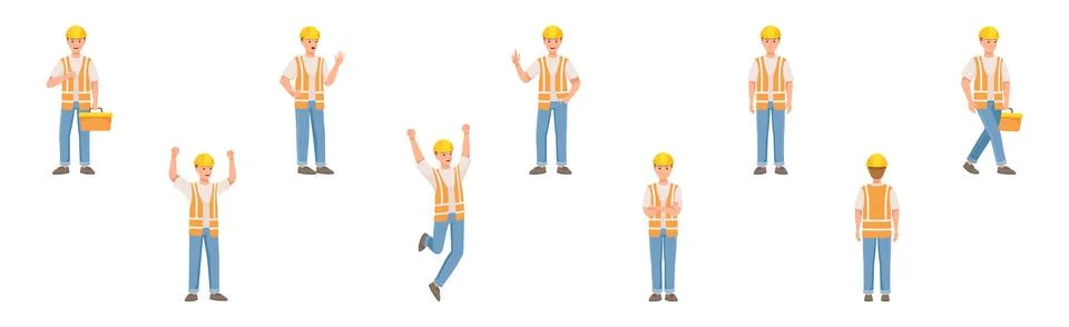 Man Builder Character in Hard Hat and Vest in Different Pose and Gesture Vector Stock Illustration