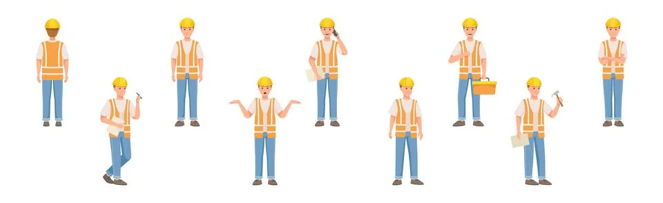 Man Builder Character in Hard Hat and Vest in Different Pose and Gesture Vector Stock Illustration