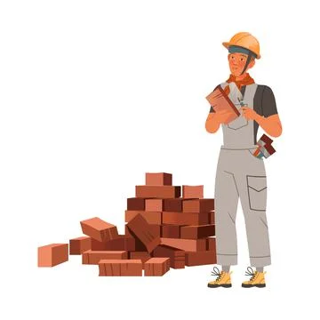 Man Builder Character Laying Bricks with Trowel Vector Illustration Stock Illustration