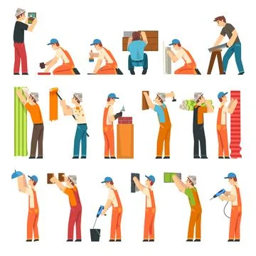 Man Builder Character in Orange Overall and Cap Engaged in Construction Work Big Stock Illustration