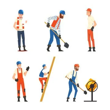 Man Builder Character in Overall and Hard Hat Building House Vector Set Stock Illustration