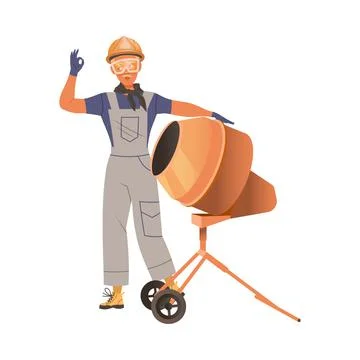 Man Builder Character Showing Ok Sign Standing Near Cement Mixer Vector Stock Illustration