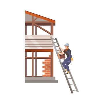 Man Builder Character with Toolbox Climbing Up the Ladder to House Roof Top Stock Illustration